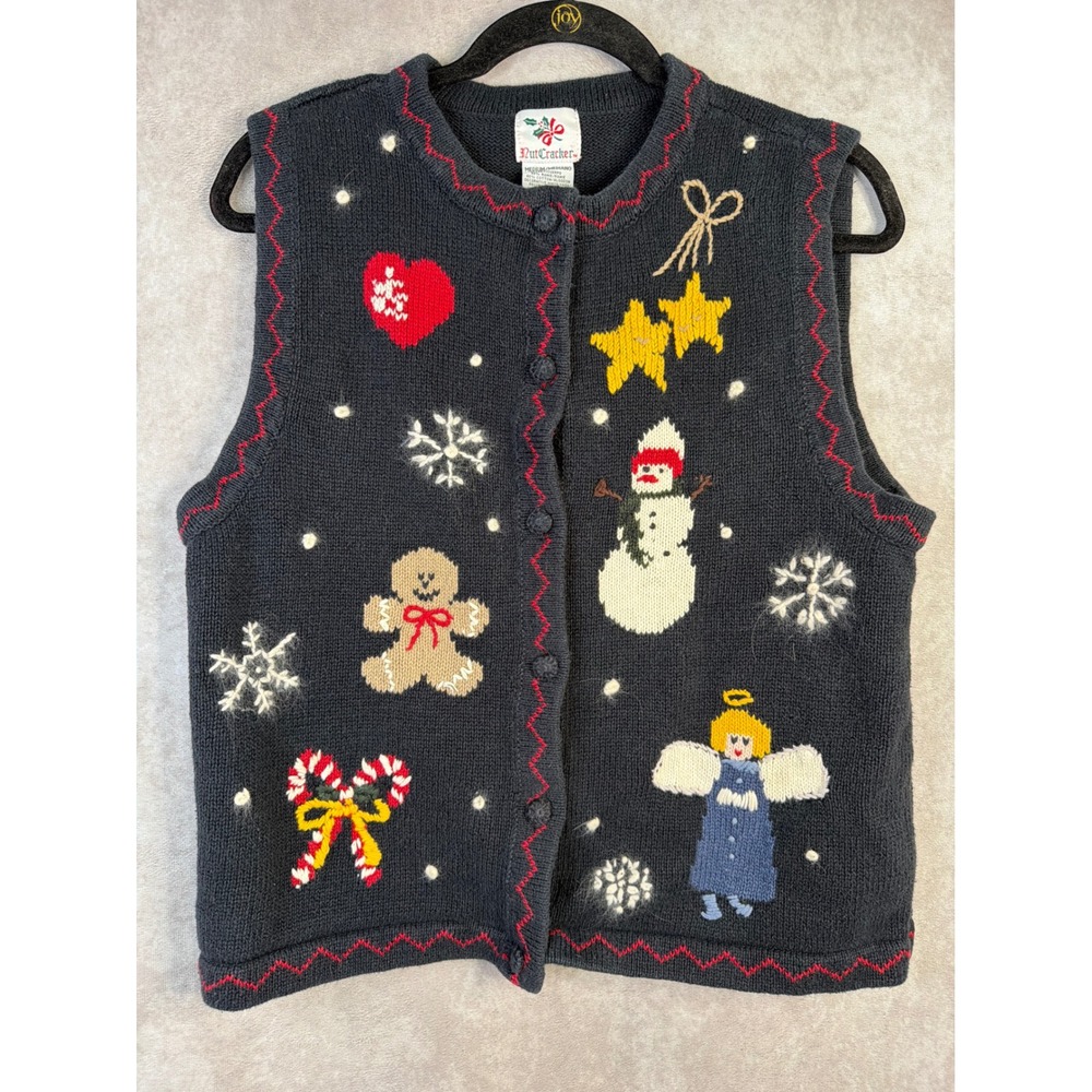 VTG Nutcracker Christmas Sweater Vest Womens Medium Black Holiday Snowman Angel